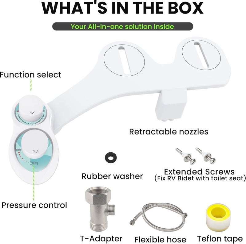 Terapaton RV Bidet for Camper Toilet, Non-Electric Toilet Sprayer Attachment with Dual Nozzles, Adjustable Pressure, Front/Rear/Self Cleaning, Upgrade for Trailer, Motorhome, RV Bathroom (White Knob) - Image 3